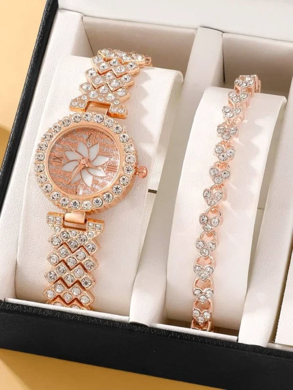 1pc Rhinestone Decor Quartz Watch & 1pc Bracelet